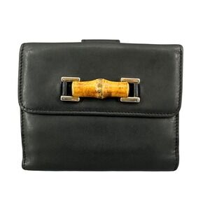 Gucci Bamboo Wallet Black Leather Bifold Snap Closure Card Holder, Used